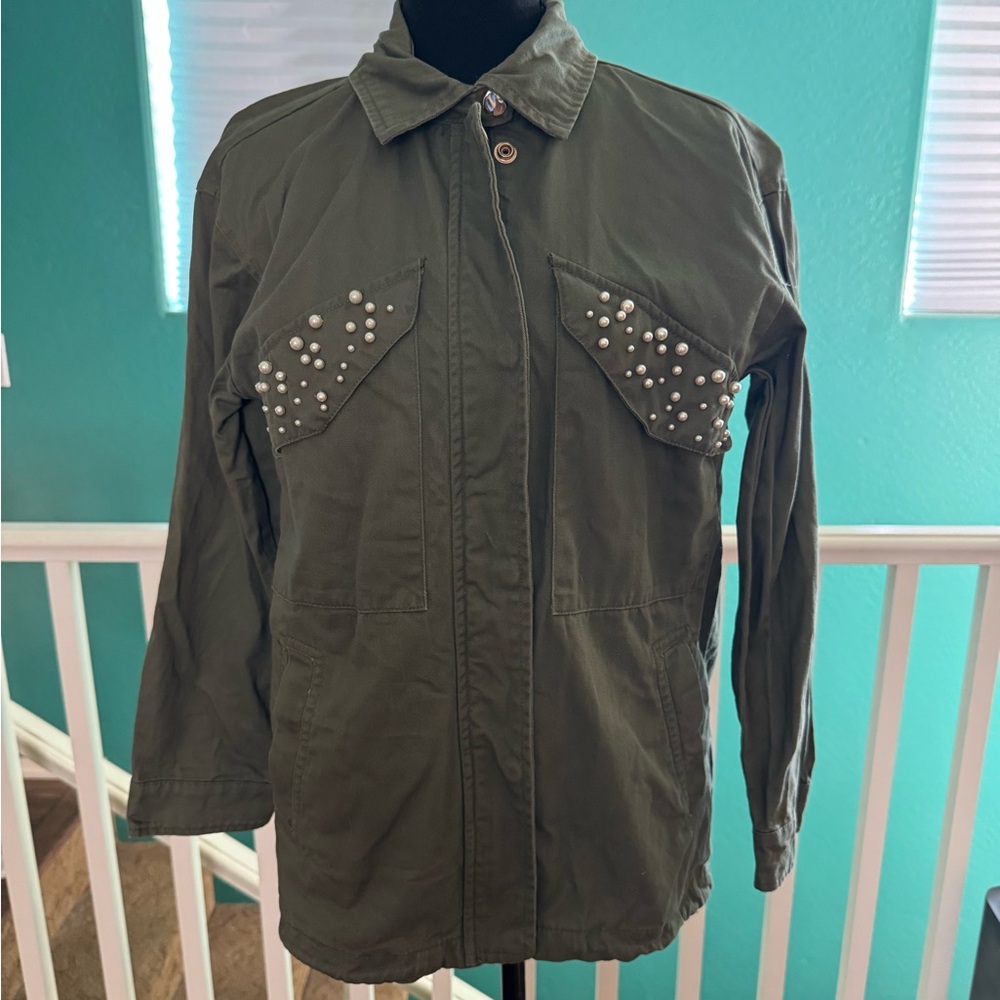 Women's Olive Utility Jacket with Pearl Accents - Size XS